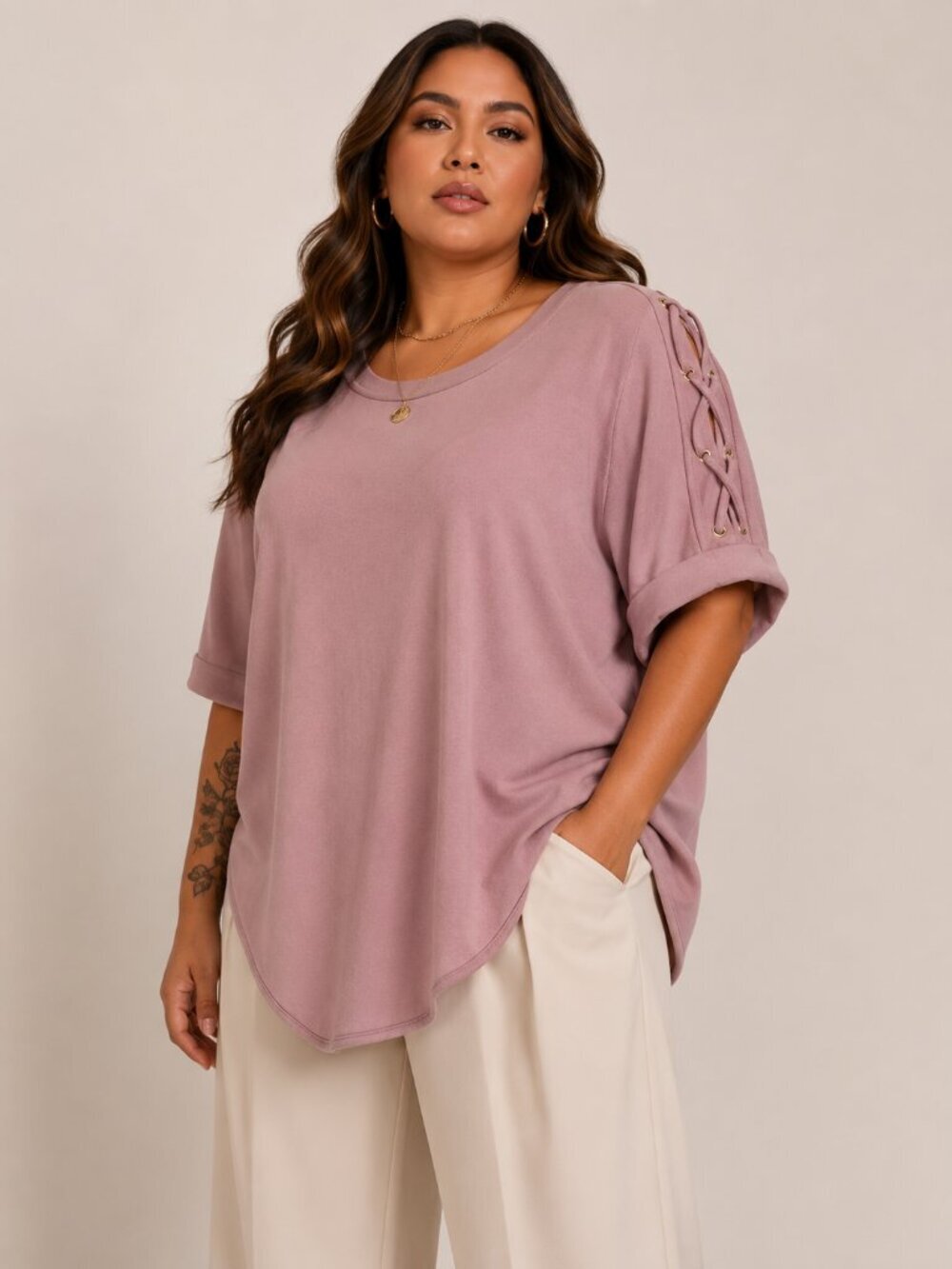 Cupio Blush 1X Mauve Lace-Up Shoulder Oversized Short Sleeve Tunic Top